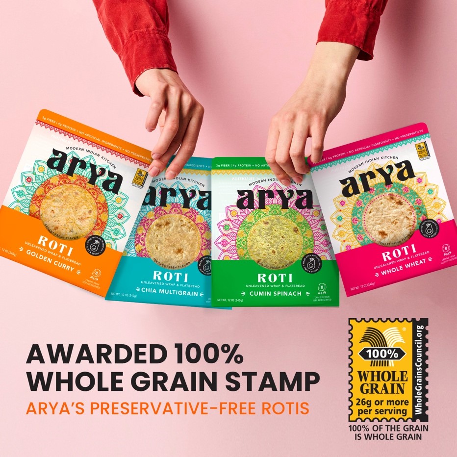Arya’s Preservative-Free Rotis Awarded 100% Whole Grain Stamp Ahead of EXPO West Debut
